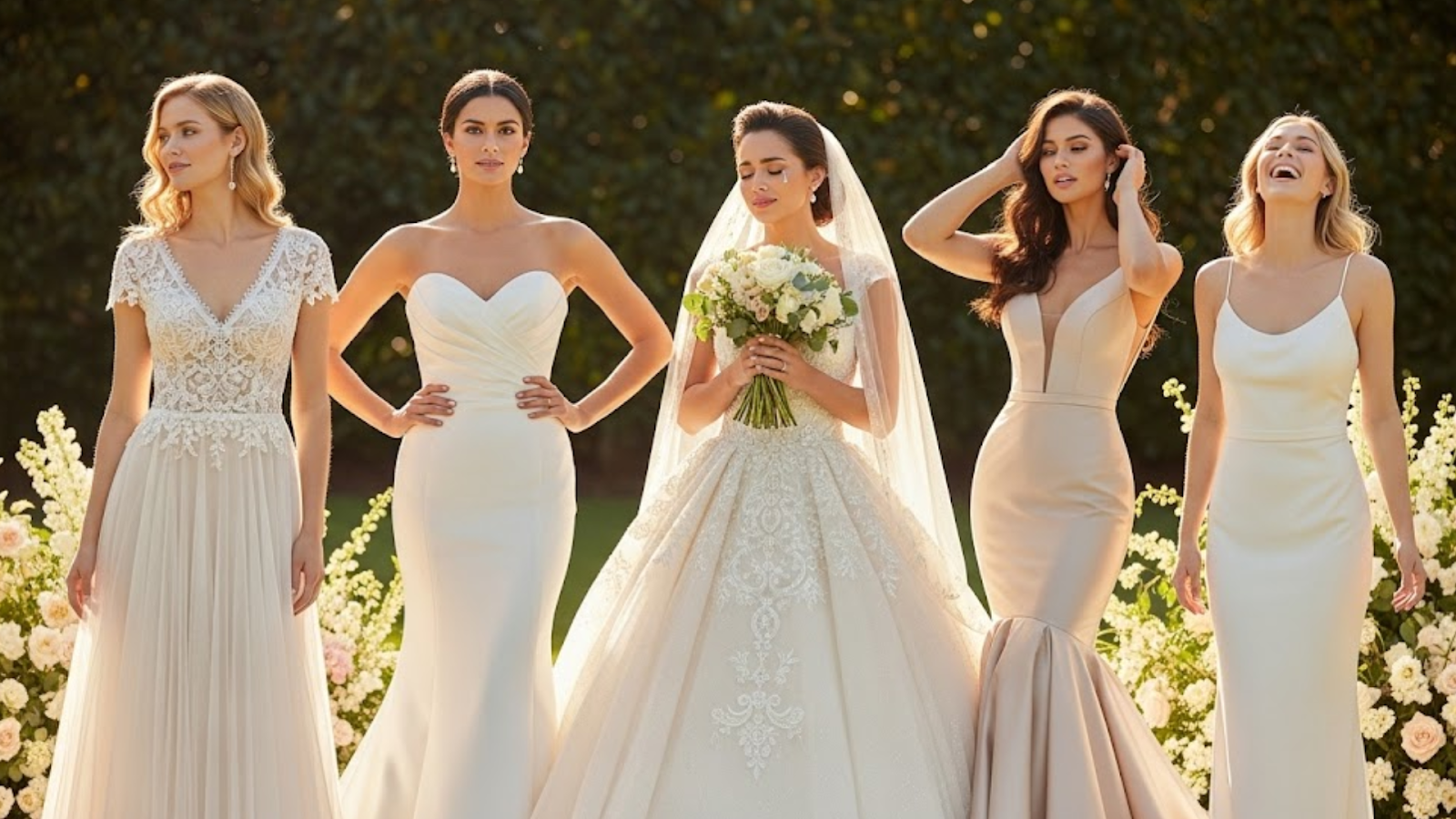 ive wedding dress types: A-line, ball gown, Mermaid, Fit and Flare, Off shoulder.